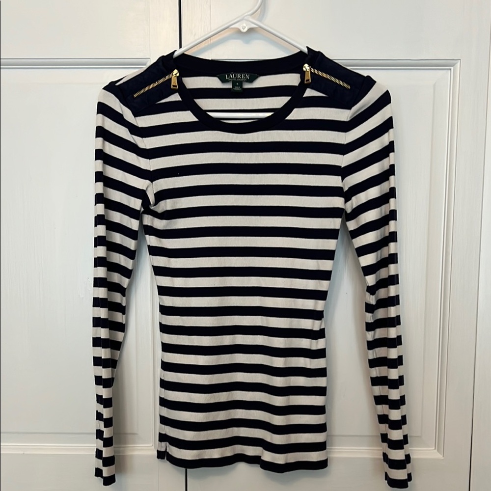 Lauren Ralph Lauren Navy and White Long Sleeve T-Shirt